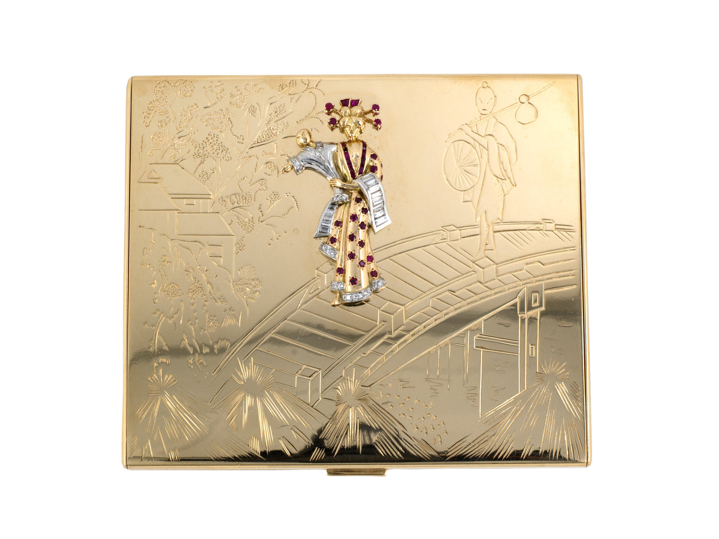 30431 - Circa 1930s Gold Platinum Diamond Ruby Japanese Geisha Compact Cigarette Case