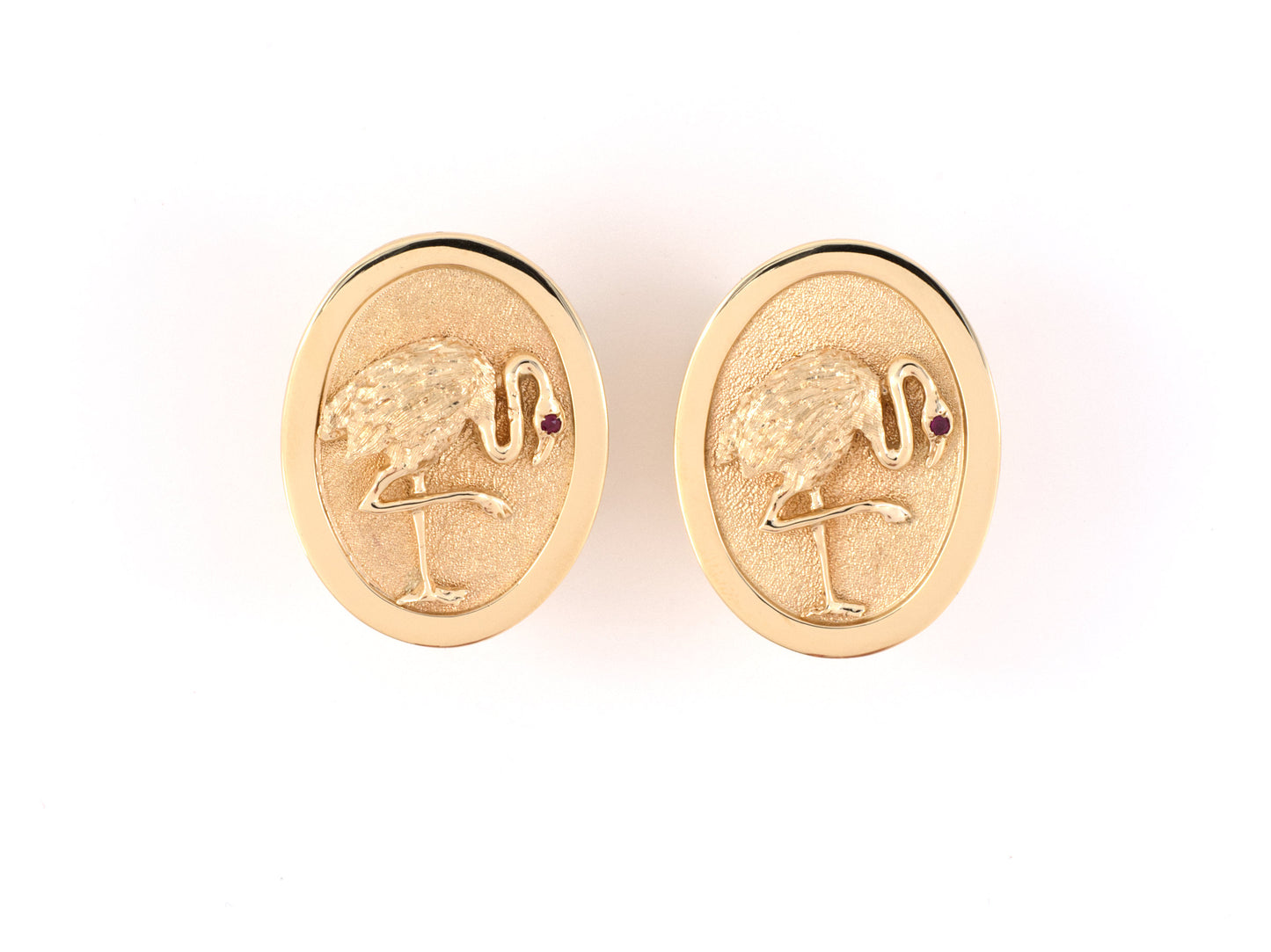 30614 - Circa 1955 Ruser Gold Ruby Oval Flamingo Cuff Links