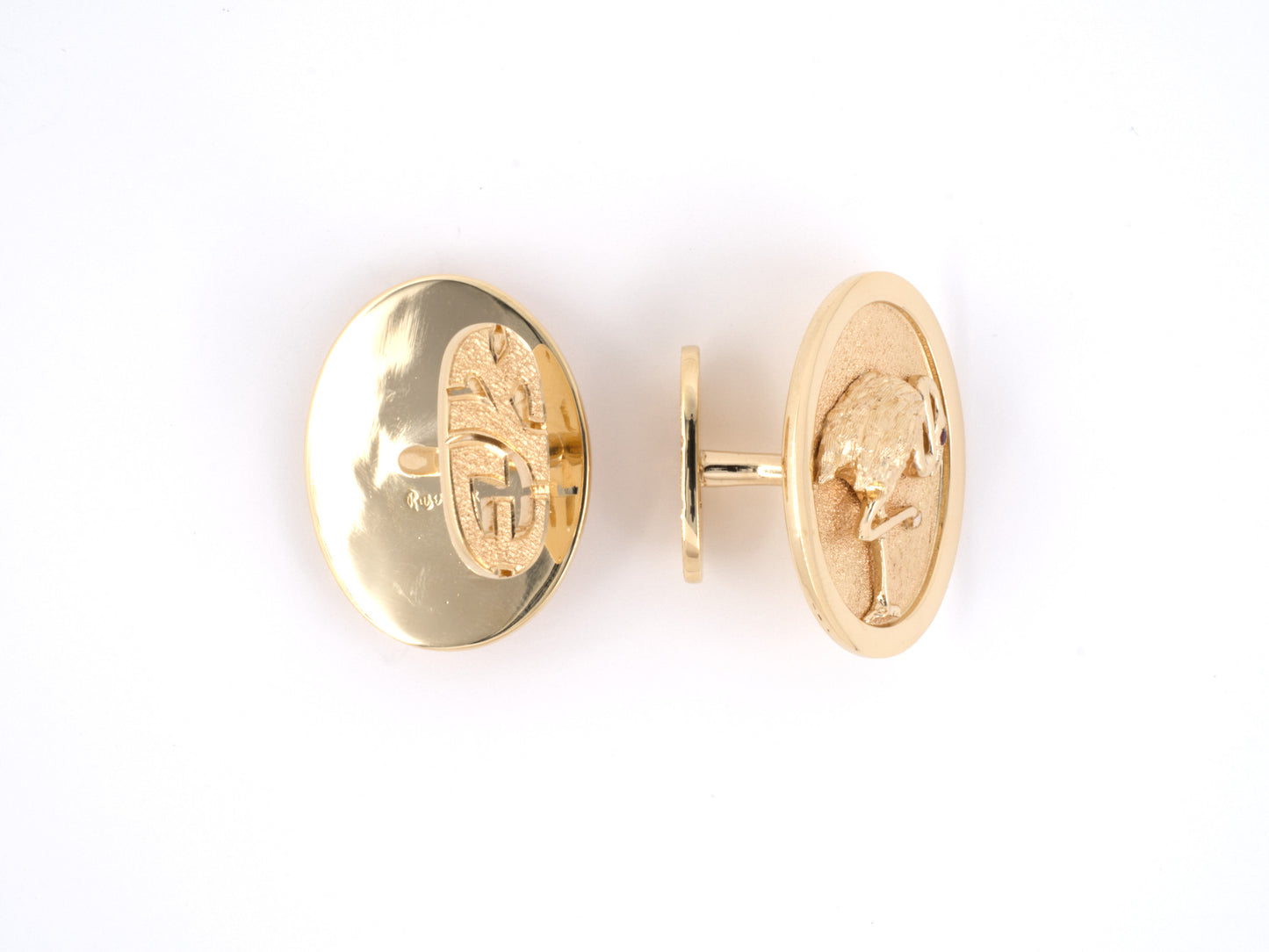 30614 - Circa 1955 Ruser Gold Ruby Oval Flamingo Cuff Links