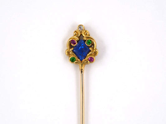 30656 - Art Nouveau T B Starr Gold Sapphire Diamond Ruby Demantoid Stick Pin