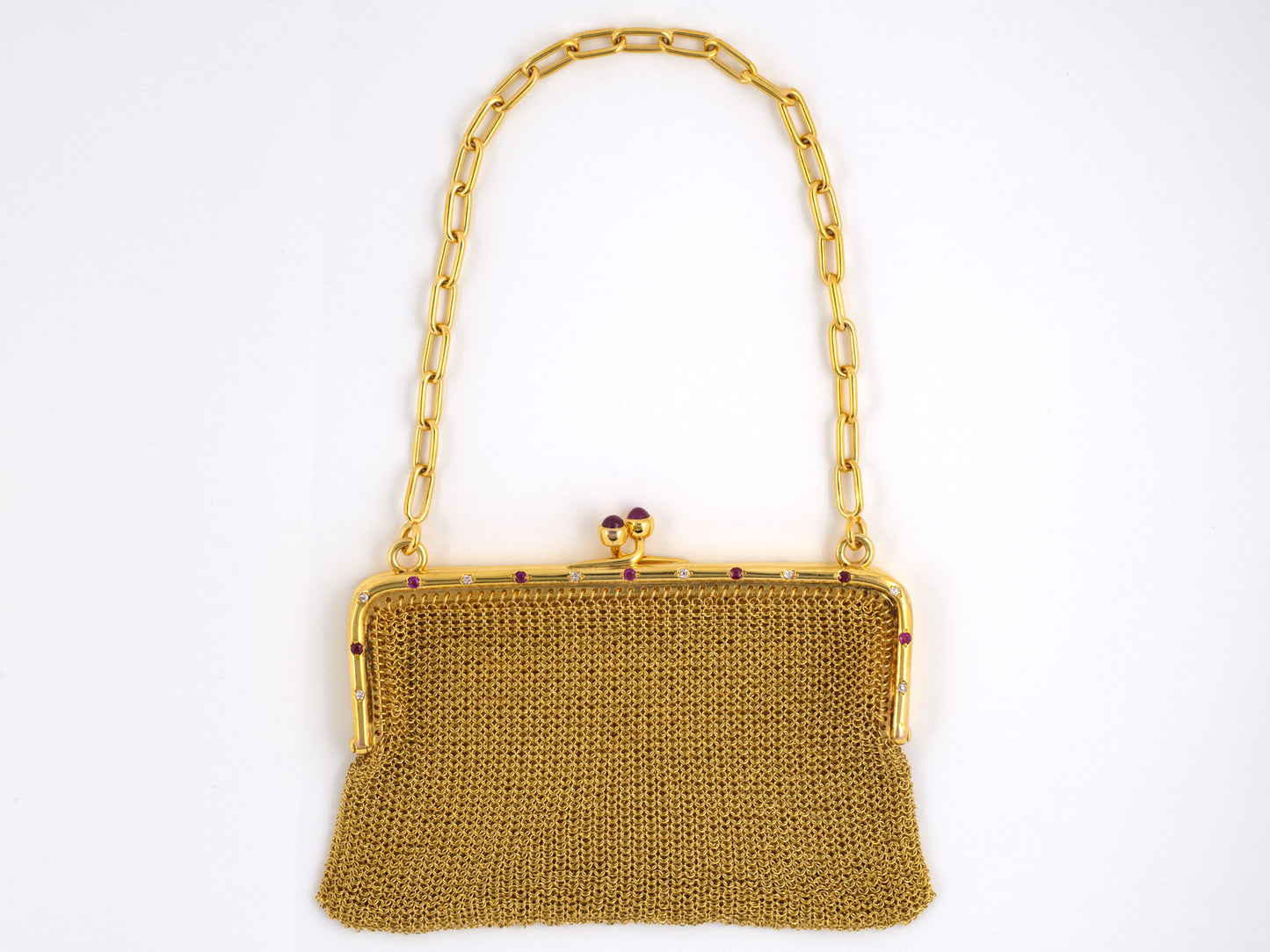30846 - SOLD - Art Nouveau Gold Ruby Diamond Mesh Purse