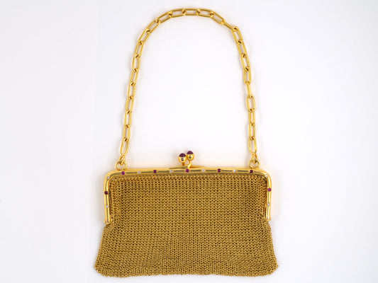 30846 - SOLD - Art Nouveau Gold Ruby Diamond Mesh Purse