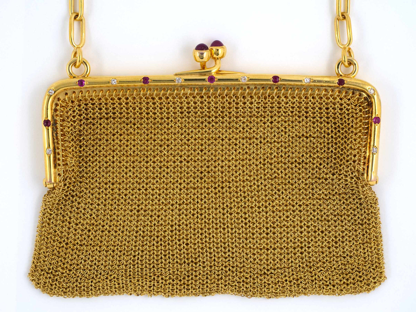 30846 - SOLD - Art Nouveau Gold Ruby Diamond Mesh Purse