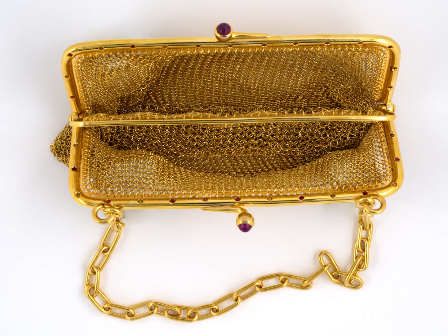 30846 - SOLD - Art Nouveau Gold Ruby Diamond Mesh Purse