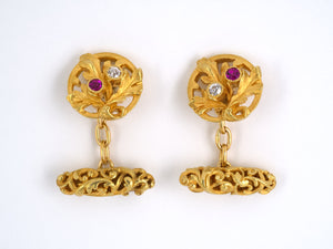 30873 - Art Nouveau Gold Diamond Ruby Leaf Cuff Links