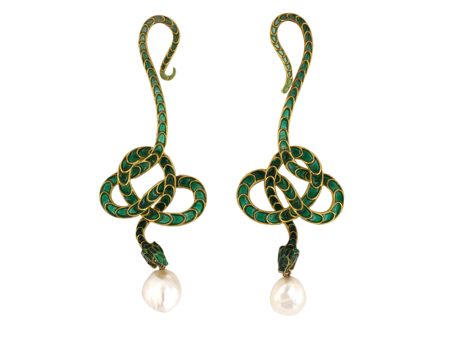 30931 - Art Nouveau Lalique Gold Baroque Pearl Green Enamel Plique-A-Jour Snake Earring Enhancers