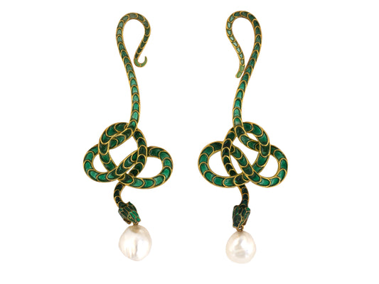 30931 - Art Nouveau Lalique Gold Baroque Pearl Green Enamel Plique-A-Jour Snake Earring Enhancers