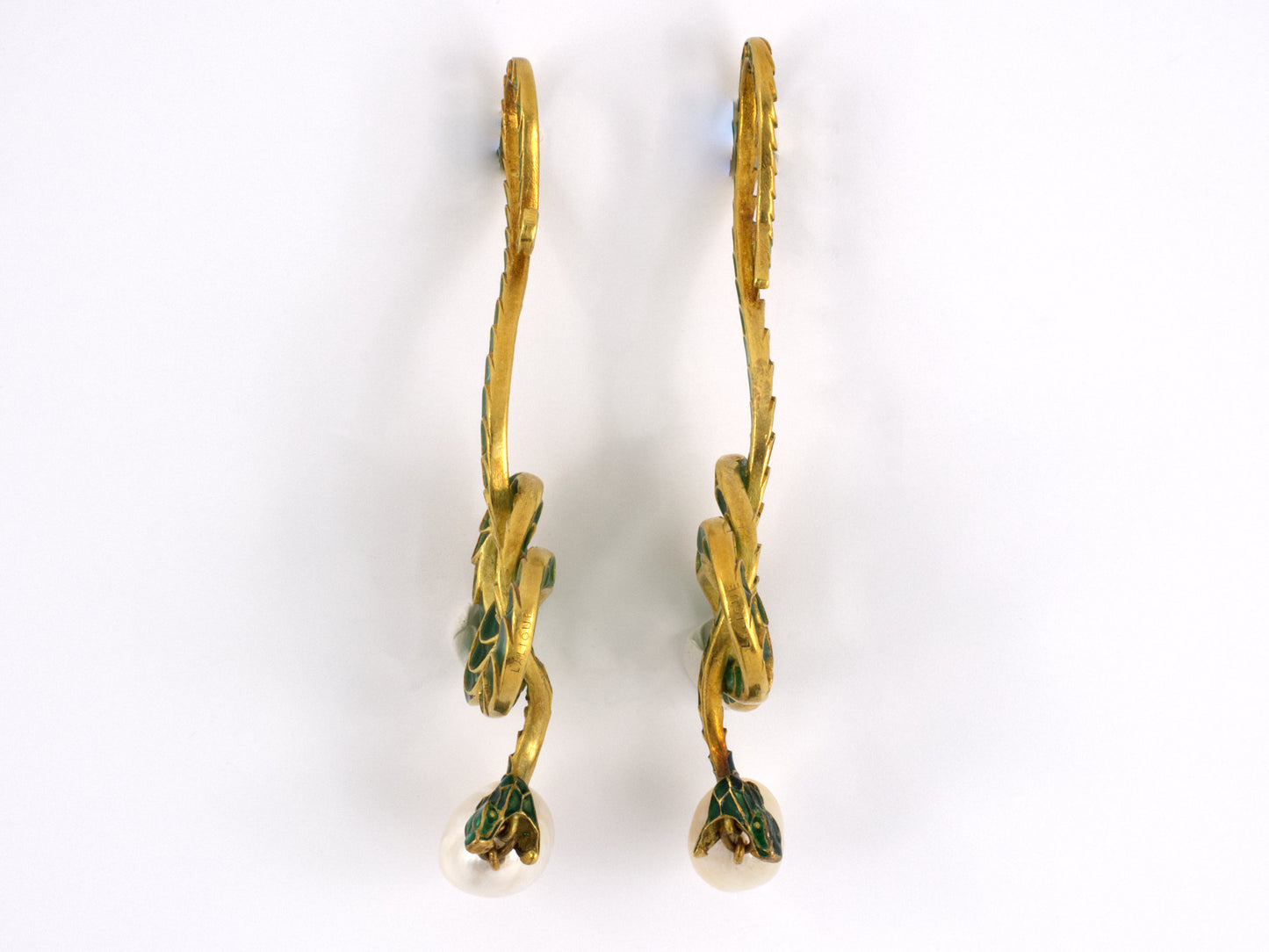 30931 - Art Nouveau Lalique Gold Baroque Pearl Green Enamel Plique-A-Jour Snake Earring Enhancers