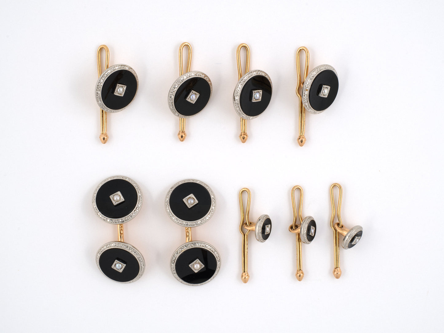 30942 - SOLD - Art Deco Krementz Gold Pearl Black Onyx Gents Set