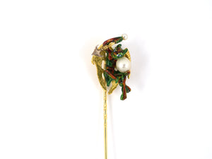 30966 - Victorian Gold Silver GIA Natural Pearl Enamel Gargoyle Stick Pin