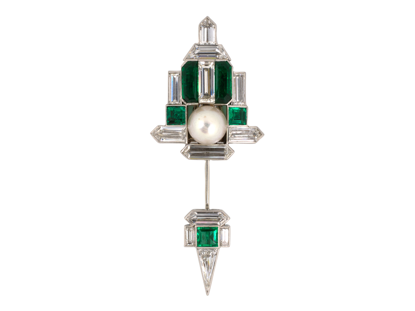 30997 - SOLD - Art Deco Platinum GIA Pearl AGL Emerald Diamond Jabot Pin