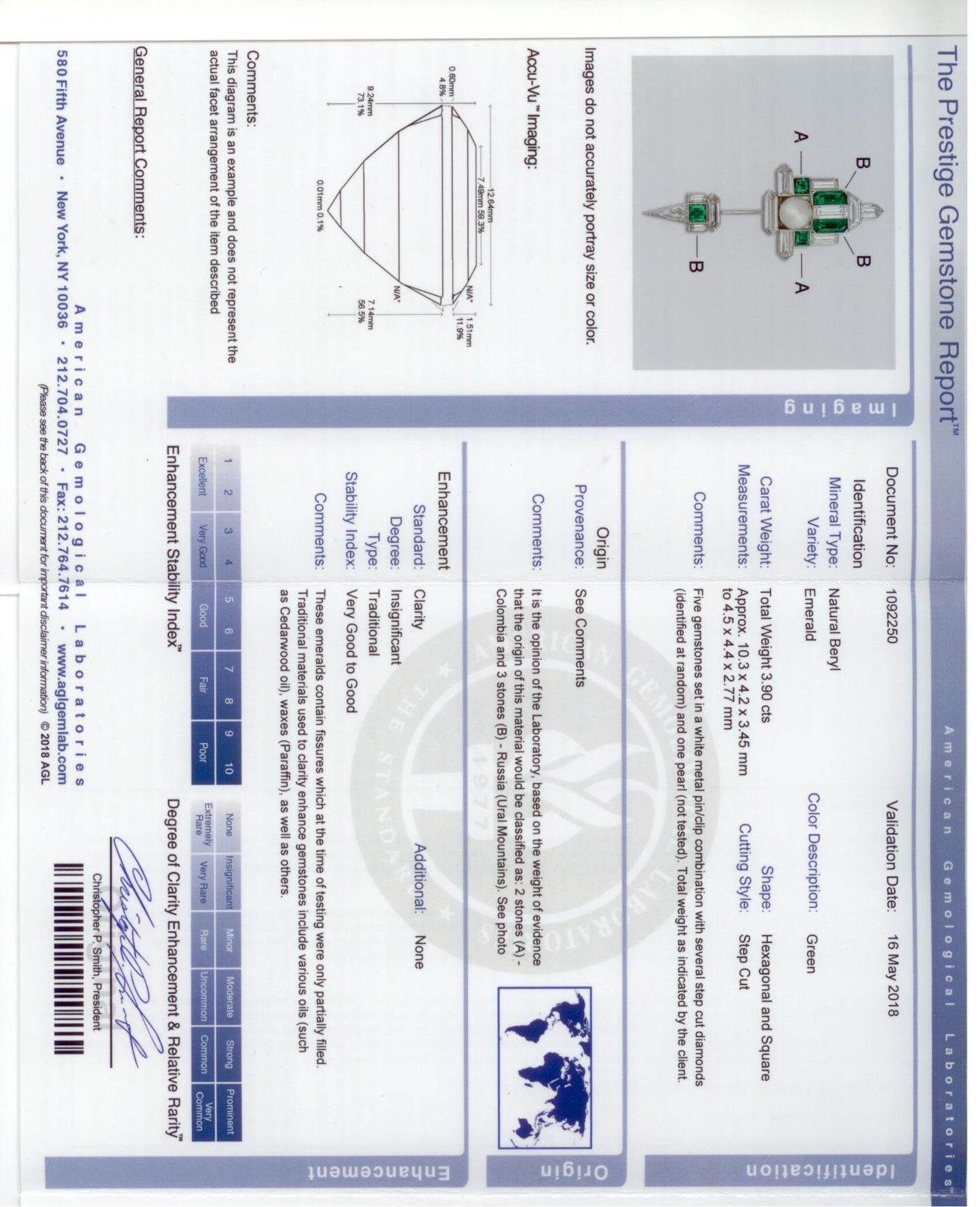 30997 - SOLD - Art Deco Platinum GIA Pearl AGL Emerald Diamond Jabot Pin