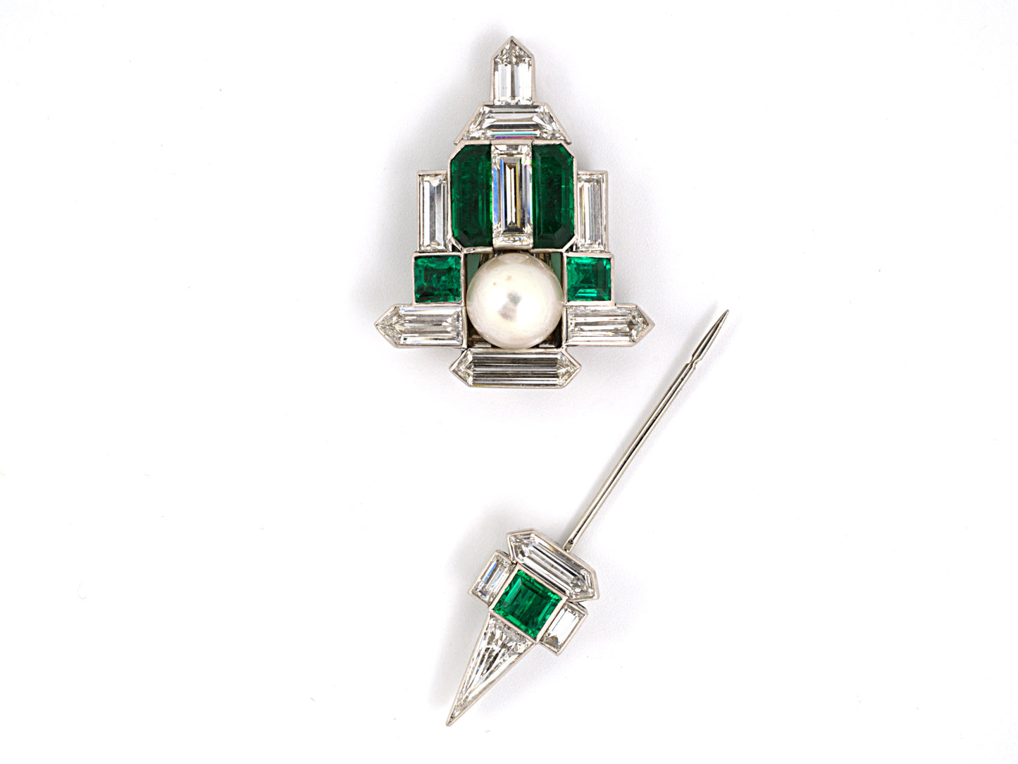 30997 - SOLD - Art Deco Platinum GIA Pearl AGL Emerald Diamond Jabot Pin