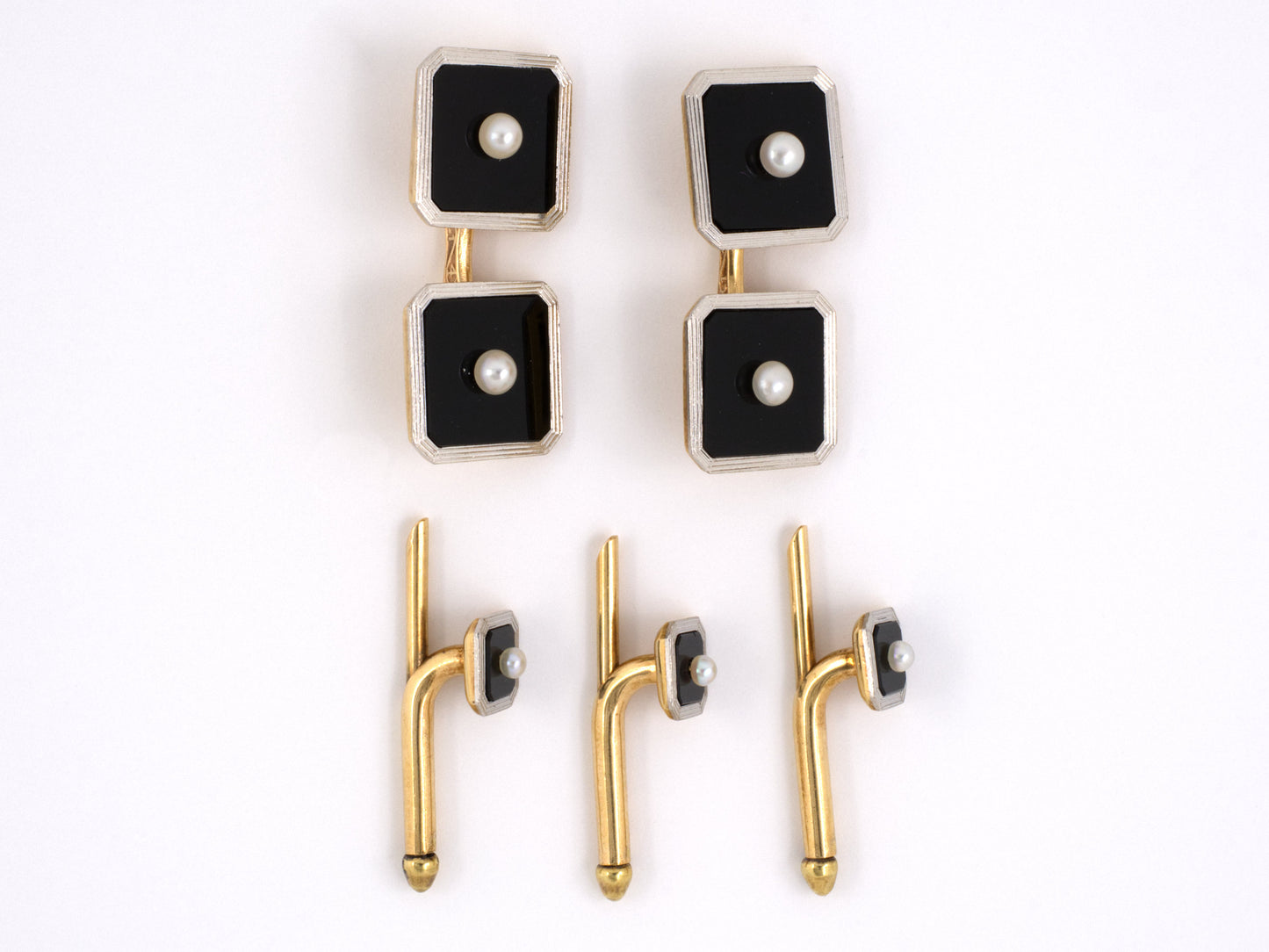 31115 - SOLD - Art Deco Tiffany Garrigus & Company Platinum Gold Black Onyx Pearl 5 Piece Gents Set