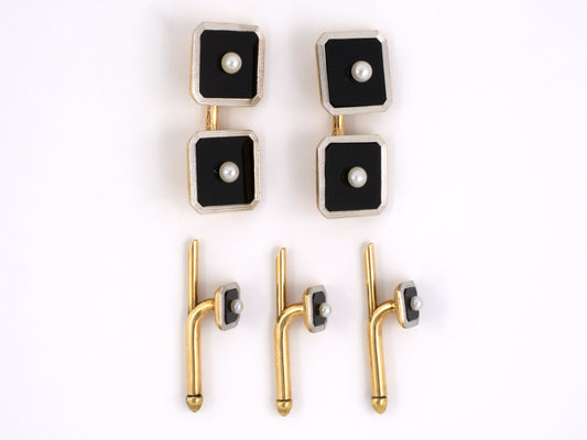 31115 - SOLD - Art Deco Tiffany Garrigus & Company Platinum Gold Black Onyx Pearl 5 Piece Gents Set