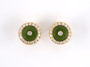 31140 - SOLD - Gold Diamond Nephrite Jade Circle Cuff Links