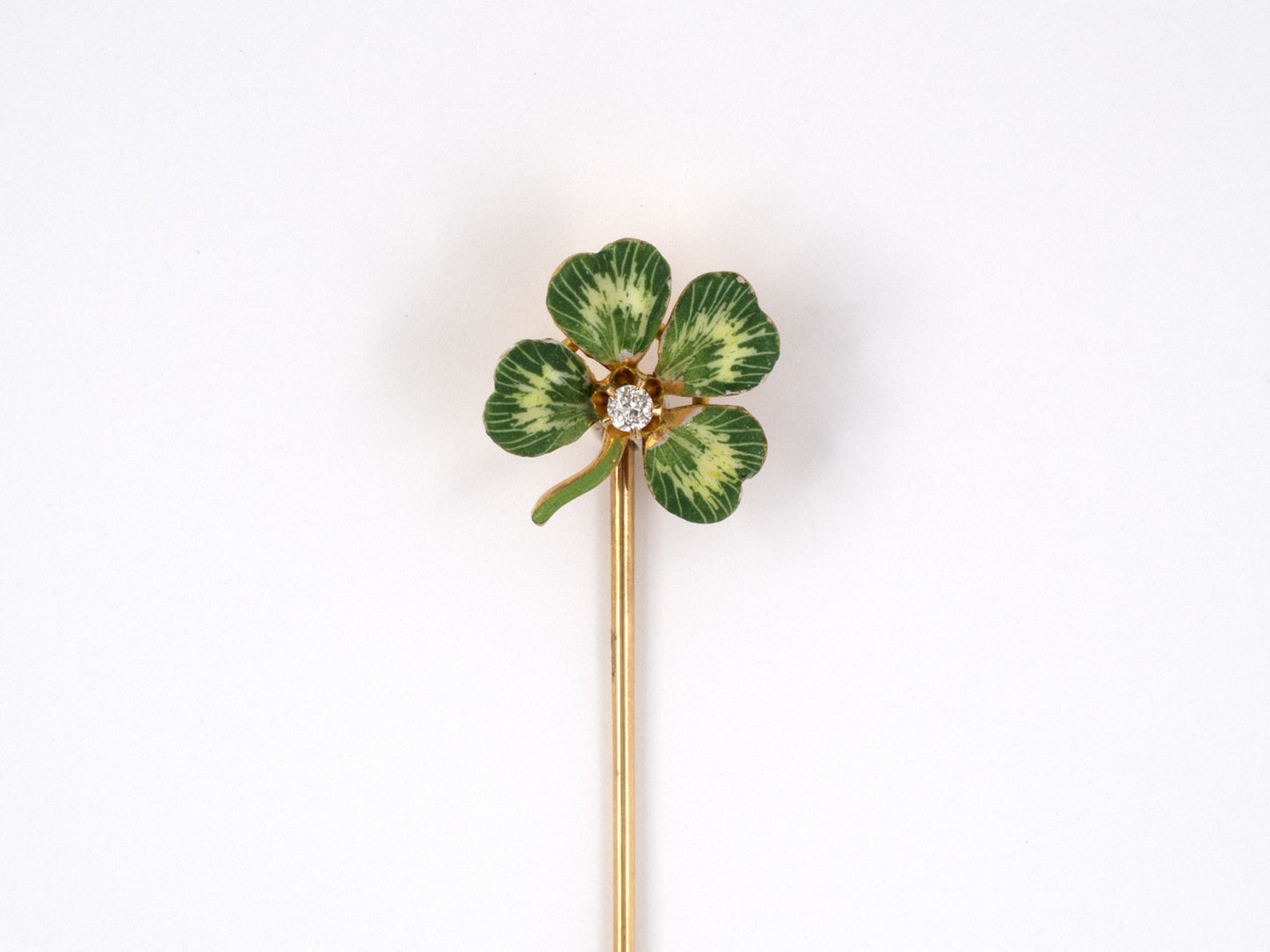 31184 - SOLD - Art Nouveau Gold Diamond Enamel 4 Leaf Clover Stick Pin