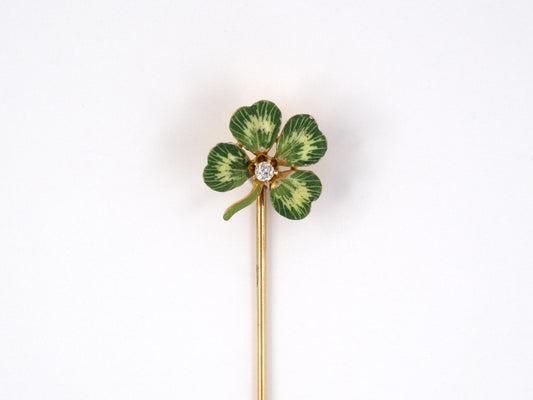 31184 - SOLD - Art Nouveau Gold Diamond Enamel 4 Leaf Clover Stick Pin