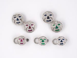 31261 - Gold Diamond Sapphire Ruby Emerald Cuff Links Studs Gents Set