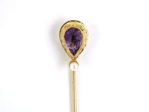 31272 - SOLD - Victorian "Lambert Bros" Gold Amethyst Pearl Stick Pin
