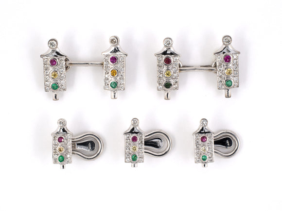 31291 - Gold Diamond Yellow Diamond Ruby Emerald Traffic Light Cuff Links Studs Gents Set