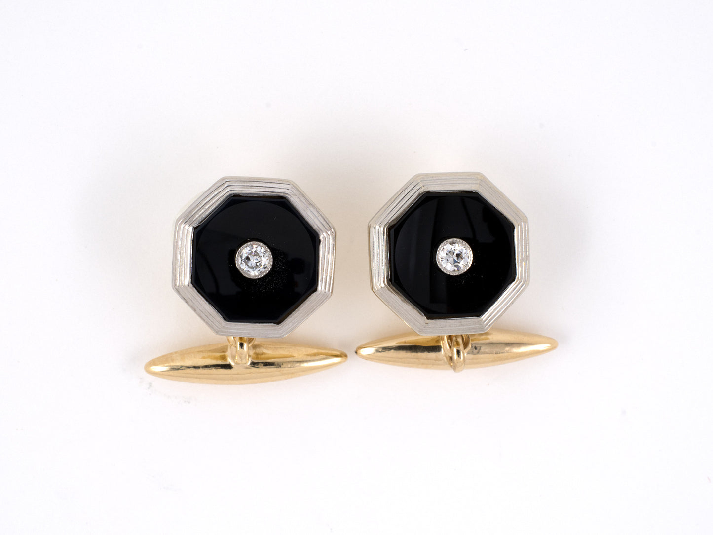 31323 - Art Deco Platinum Gold Diamond Black Onyx Cuff Links