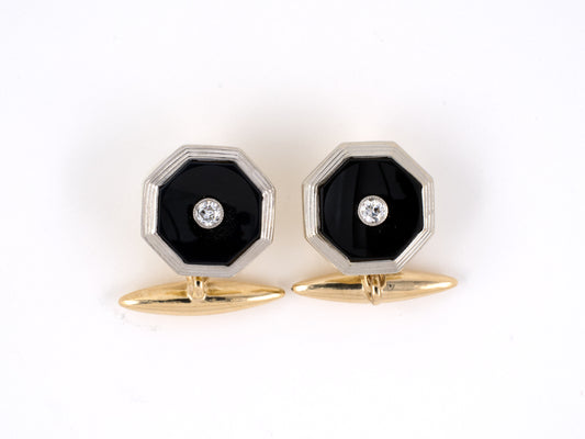 31323 - Art Deco Platinum Gold Diamond Black Onyx Cuff Links