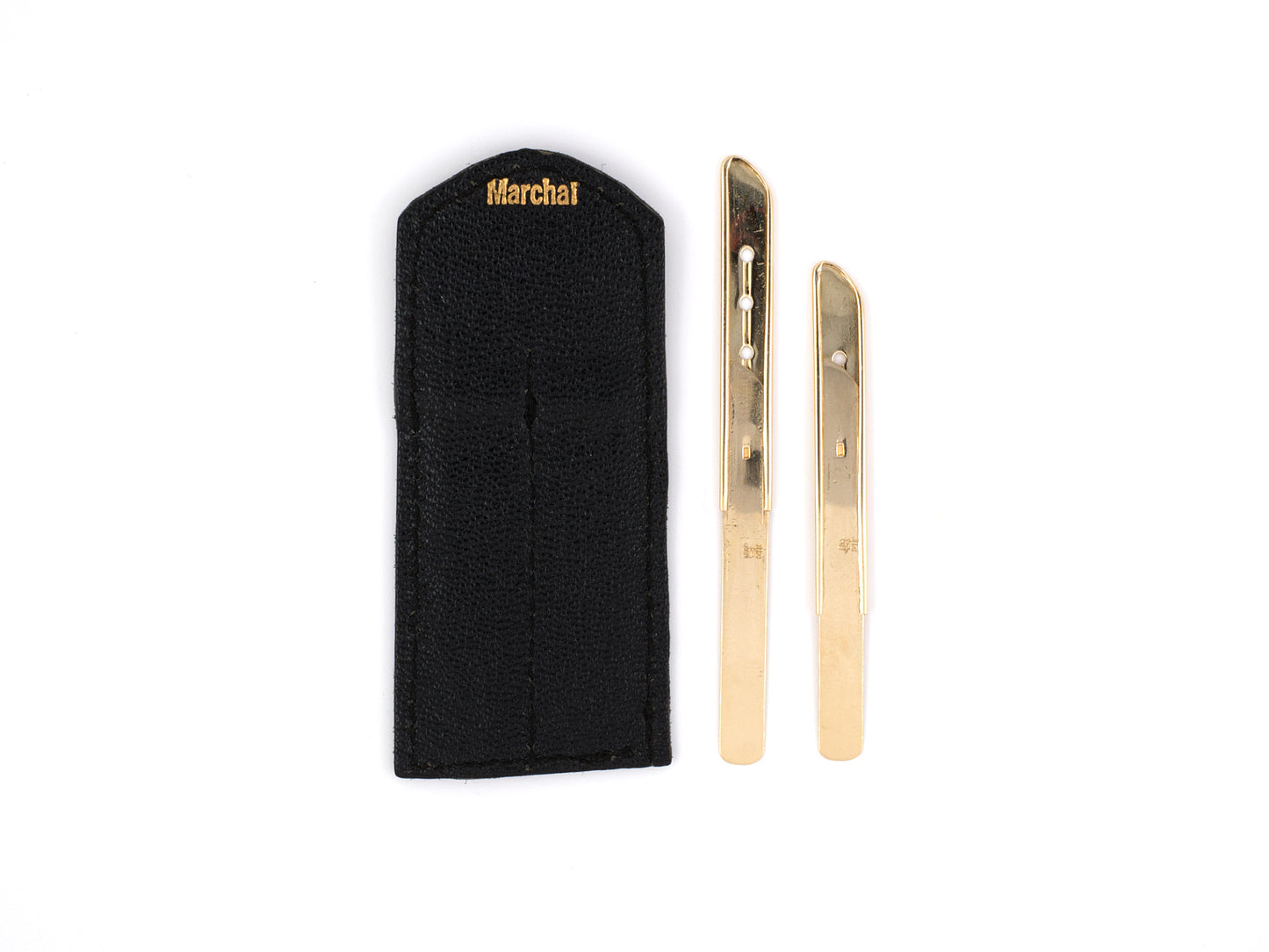 31324 - Circa 1960s Marchal Gold Adjustable Collar Stays With Fleur De Lis Embossed Case