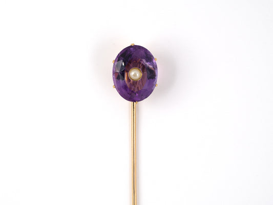 31354 - SOLD - Victorian French Gold Amethyst Pearl Stick Pin