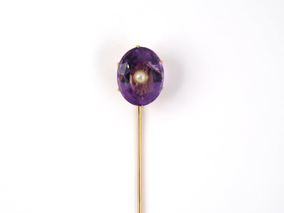 31354 - Victorian French Gold Amethyst Pearl Stick Pin