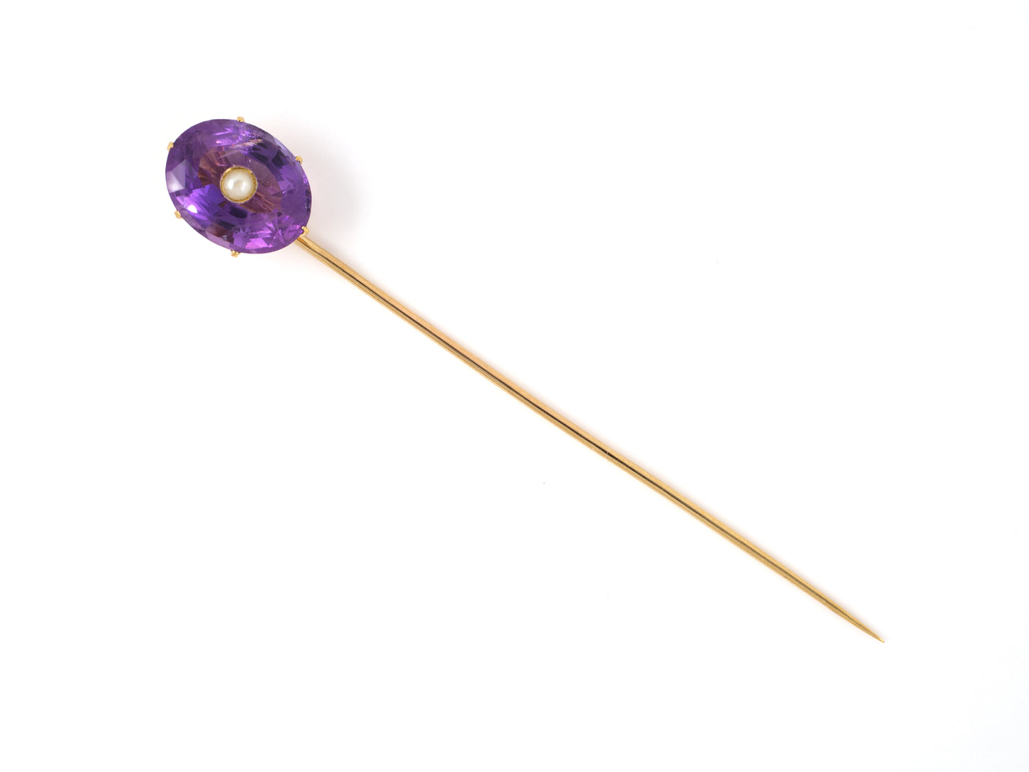31354 - SOLD - Victorian French Gold Amethyst Pearl Stick Pin