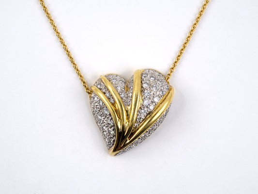 40441 - SOLD - Gold Diamond Heart Corrugated Pendant Necklace