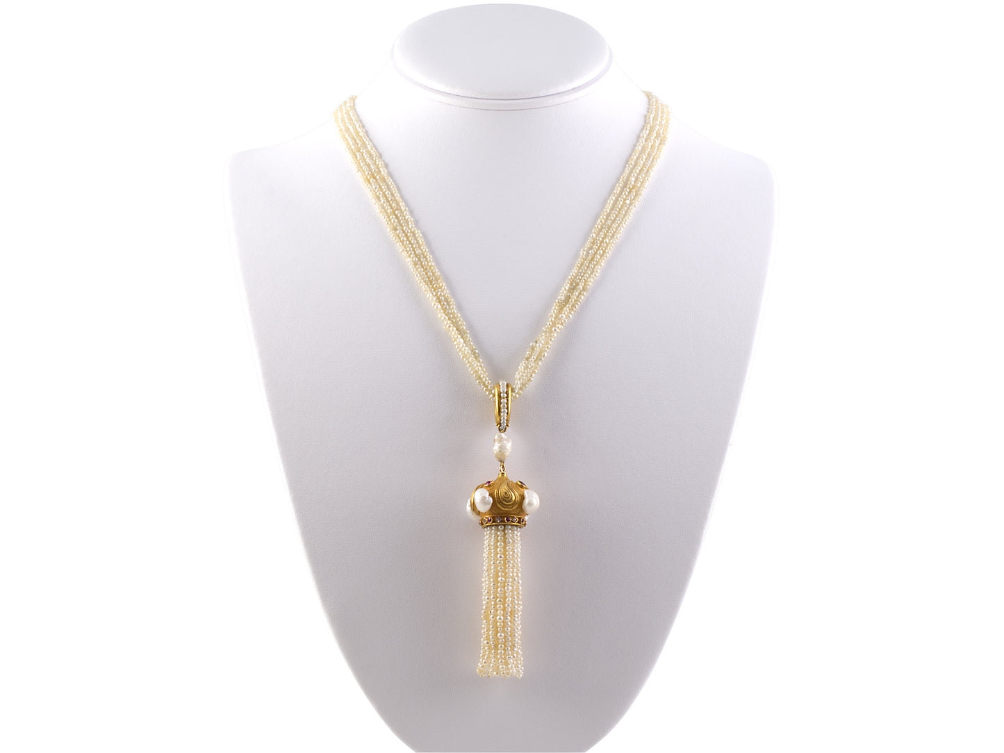 40451 - Art Nouveau Gold Pearl Ruby Diamond Seed Pearl Tassels Pendant