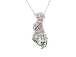 41468 - Art Deco Heller Rose Platinum Diamond Emerald Bow Ribbon Pendant Necklace