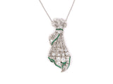 41468 - Art Deco Heller Rose Platinum Diamond Emerald Bow Ribbon Pendant Necklace