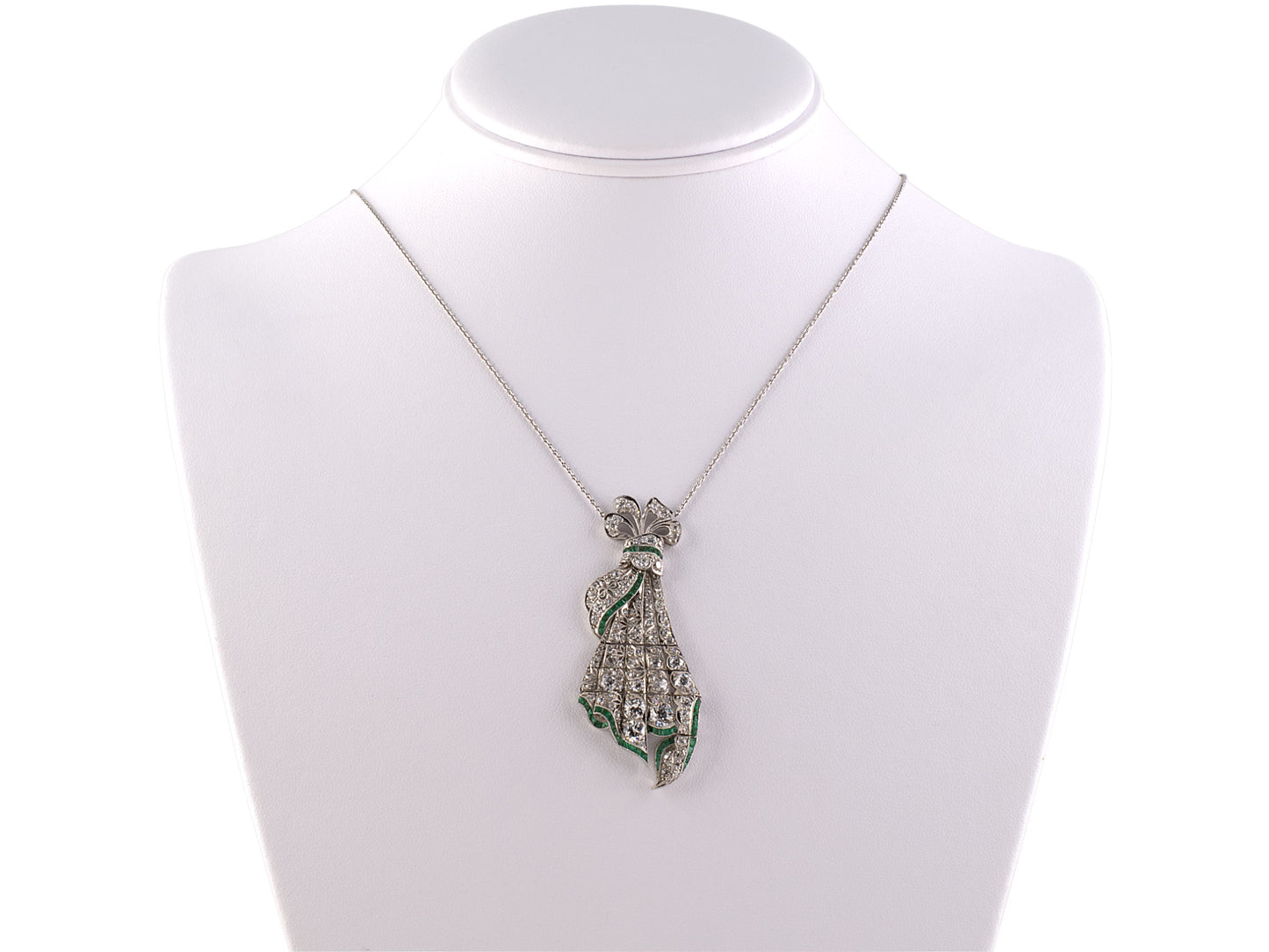 41468 - Art Deco Heller Rose Platinum Diamond Emerald Bow Ribbon Pendant Necklace