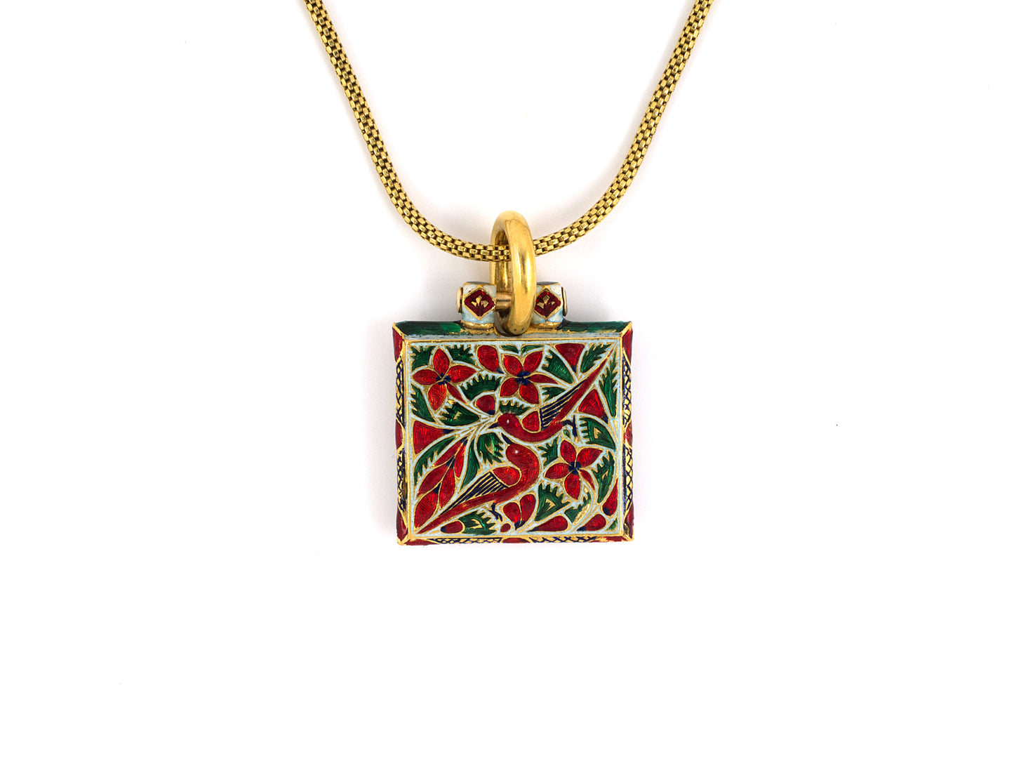 41639 - India Gold Enamel Flower Bird Pendant Necklace