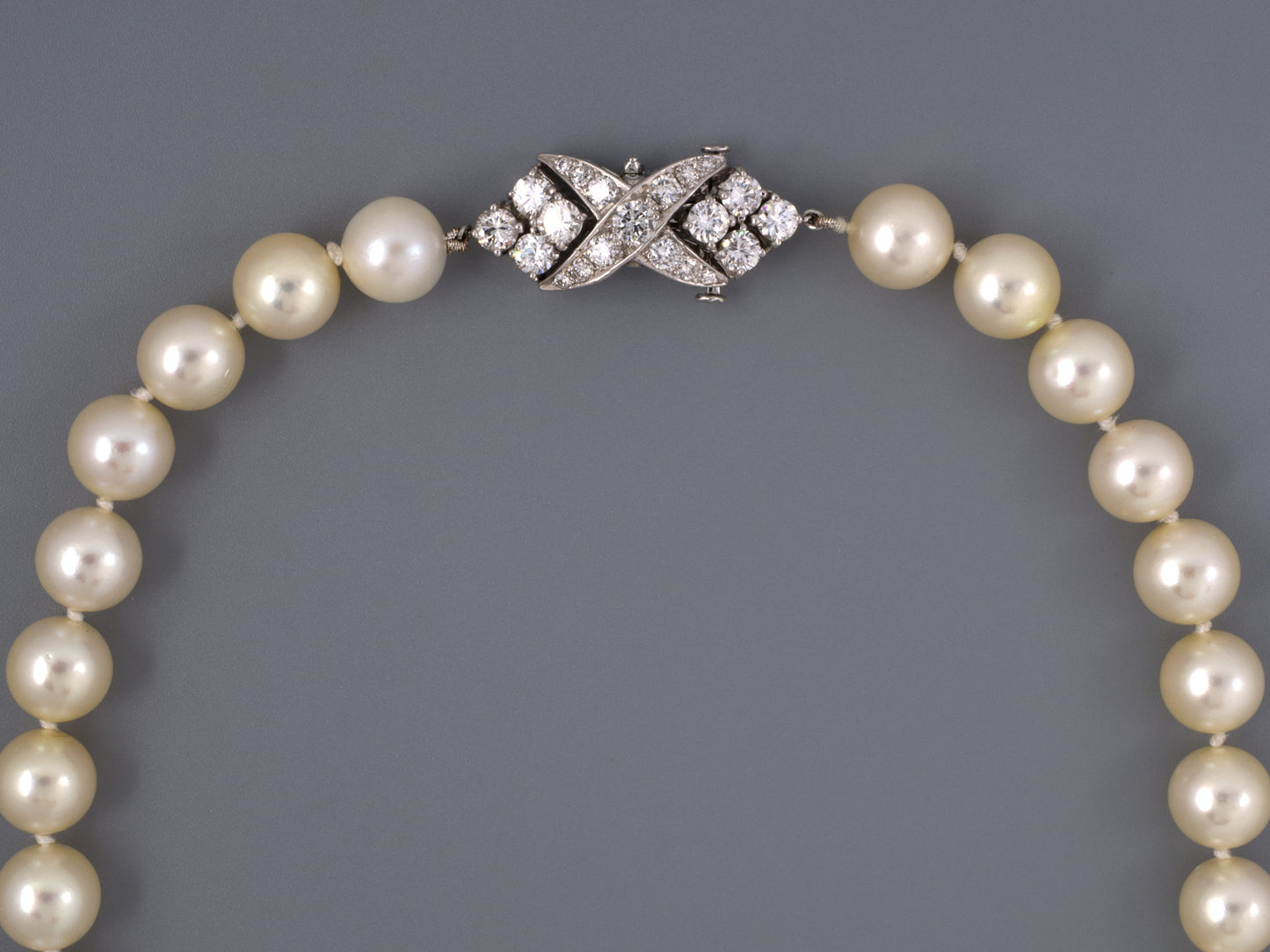 41988 - SOLD - 1970s Platinum Akoya Pearl Diamond Necklace