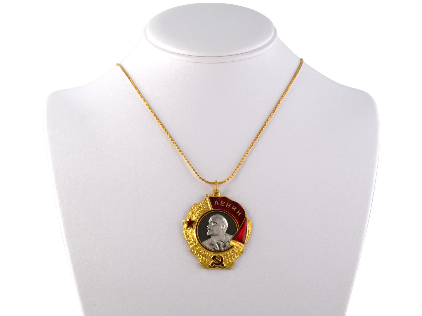42190 - Circa 1950 Platinum Gold  Enamel Lenin Russian Pendant 18" Wheat Chain Necklace