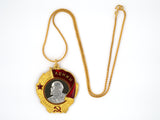 42190 - Circa 1950 Platinum Gold  Enamel Lenin Russian Pendant 18" Wheat Chain Necklace