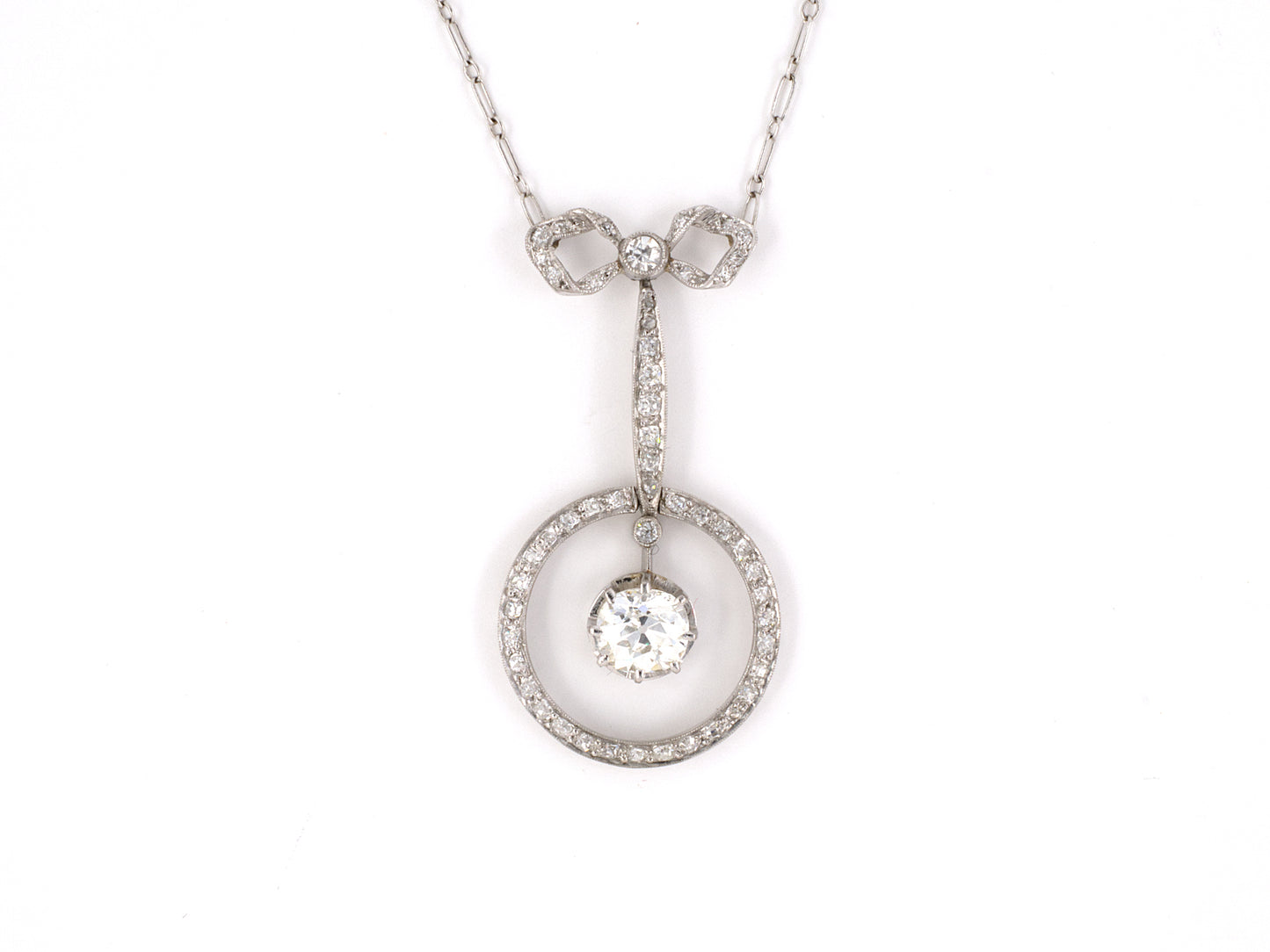 42302 - Edwardian Platinum Diamond Bow Drop Dangle Pendant Necklace