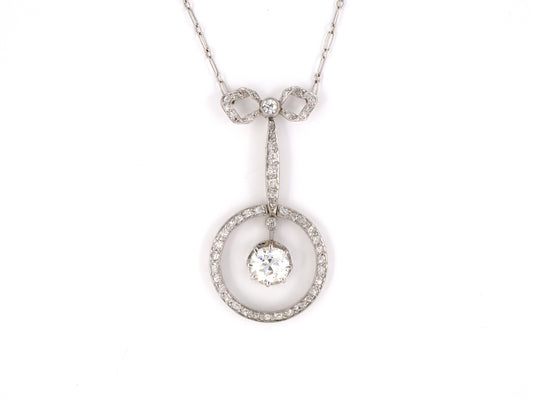 42302 - Edwardian Platinum Diamond Bow Drop Dangle Pendant Necklace