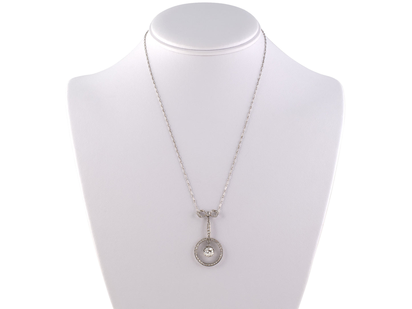 42302 - Edwardian Platinum Diamond Bow Drop Dangle Pendant Necklace