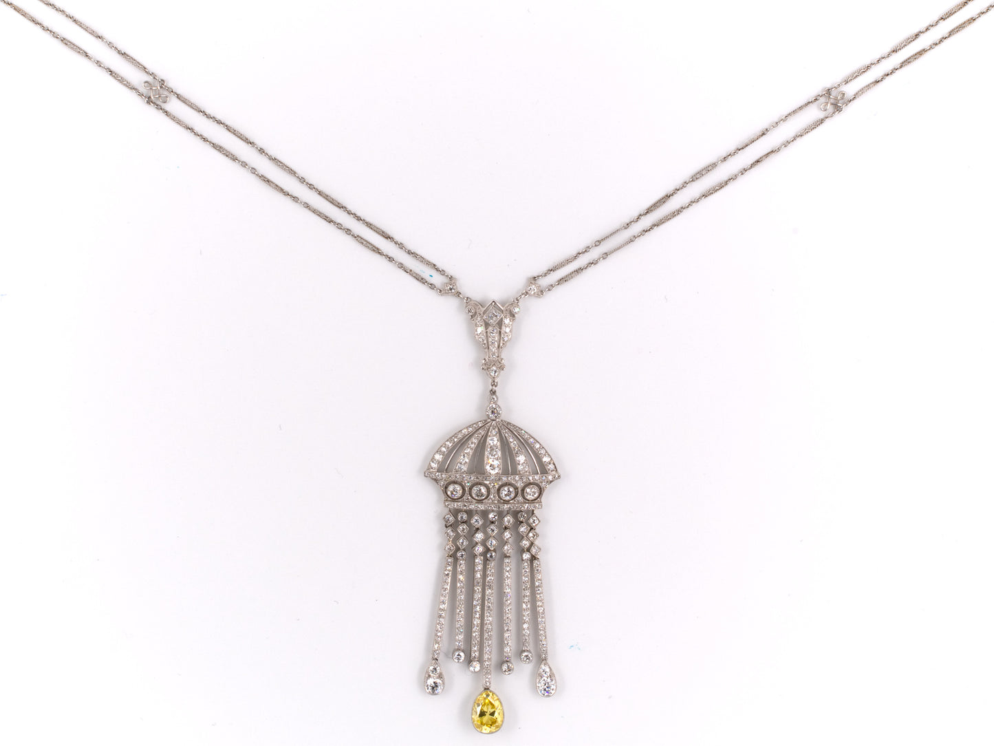 42382 - Edwardian Platinum Diamond Yellow Diamond Drop Pendant Necklace