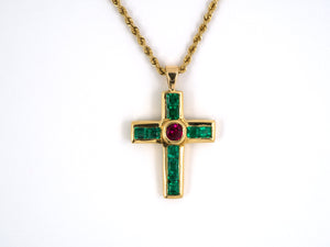 42586 - Gold Emerald Ruby Cross Pendant Necklace