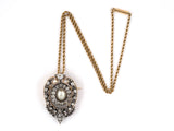 42760 - SOLD - Victorian Silver Gold Natural Pearl Diamond Drop Dangle Pin Pendant Necklace
