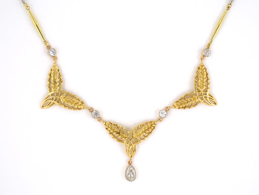 42767 - Circa 1950s Gold Platinum Diamond Leaf Drop Dangle Necklace