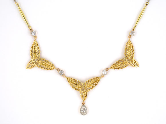 42767 - Gold Platinum Diamond Leaf Drop Dangle Necklace