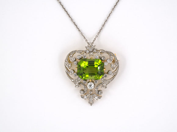 42845 - Edwardian Platinum Gold Peridot Diamond Pin Pendant Necklace