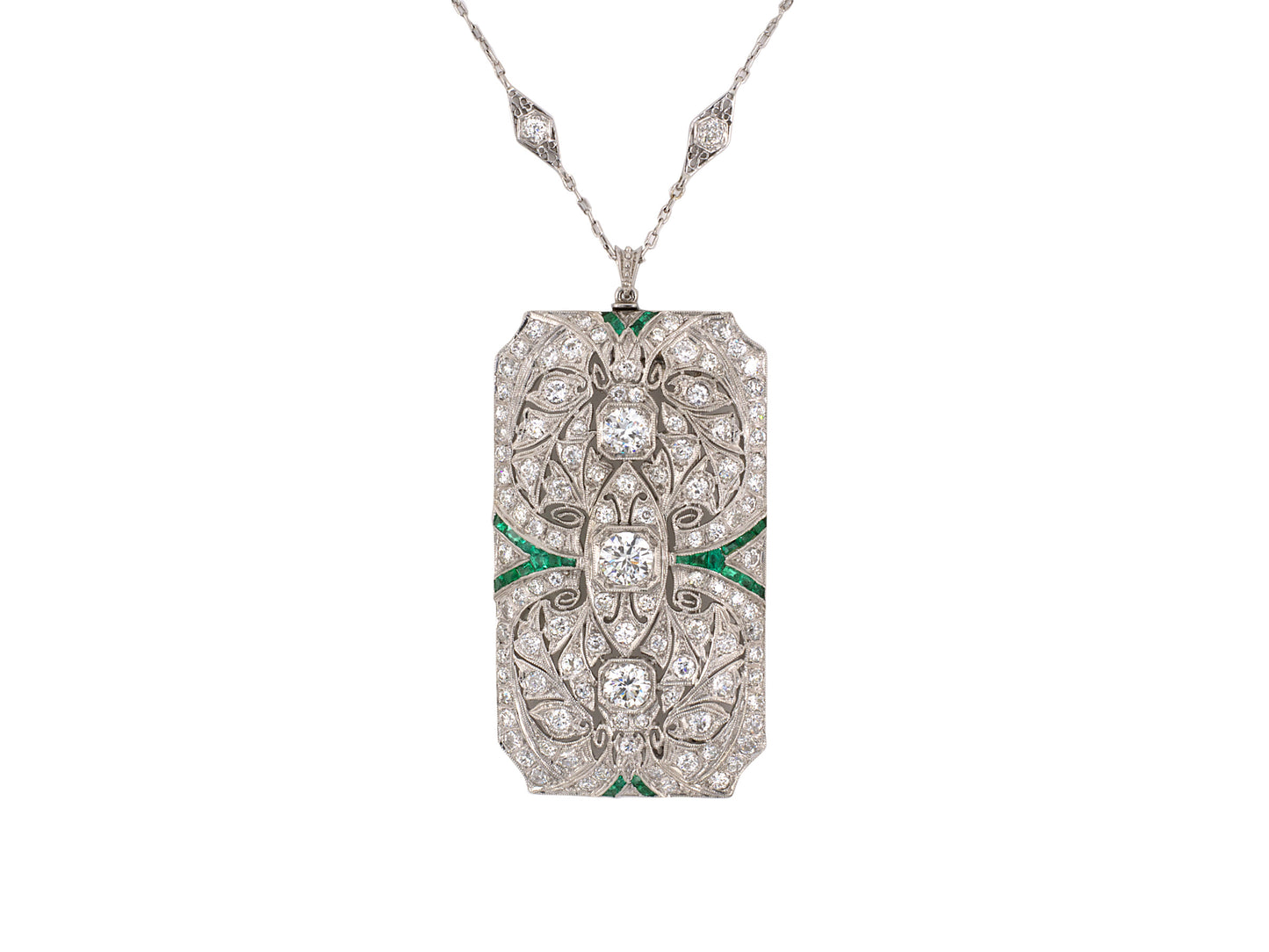 42897 - Art Deco Platinum Diamond Emerald Pin Pendant